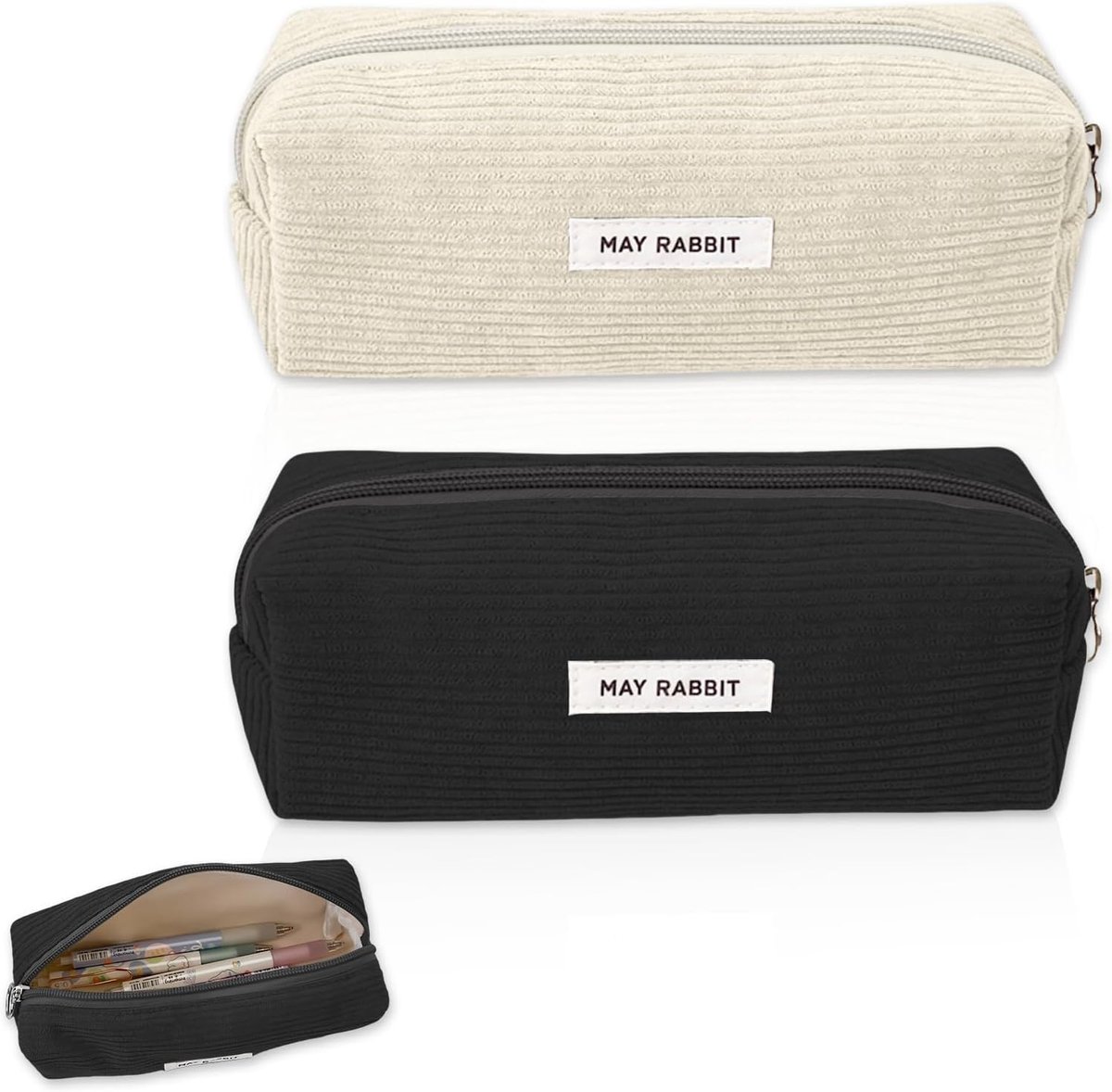 SnelShoppen - Pennenetui 2 stuks Corduroy 19 x 6 x 7 cm Melkwit/Zwart Esthetisch Schooletui Tieners Groot en Multifunctioneel Voor School en Thuis