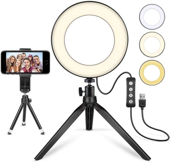SnelShoppen - 6" LED-Ringlicht met Statief voor Bureau - Mini LED Camera Licht met Telefoonhouder - 3 Lichtmodi & 11 Helderheidsniveaus voor YouTube V