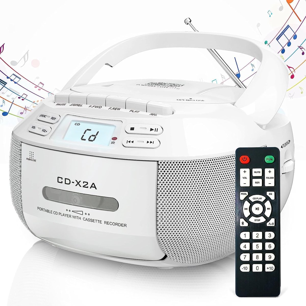 SnelShoppen - Draagbare CD-speler Boombox met Bluetooth, FM-radio, USB/AUX, LCD-scherm, Afstandsbediening & Tape-opname - Perfect voor Feest, Camping