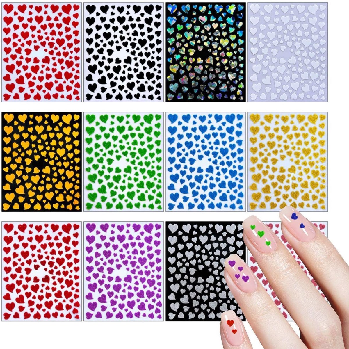 SnelShoppen - 12 Kleuren Love Heart Nail Art-Stickers - Zelfklevende Nail Art Decoratie - Perfect voor DIY Manicure en Kerstversiering - Duurzaam en S