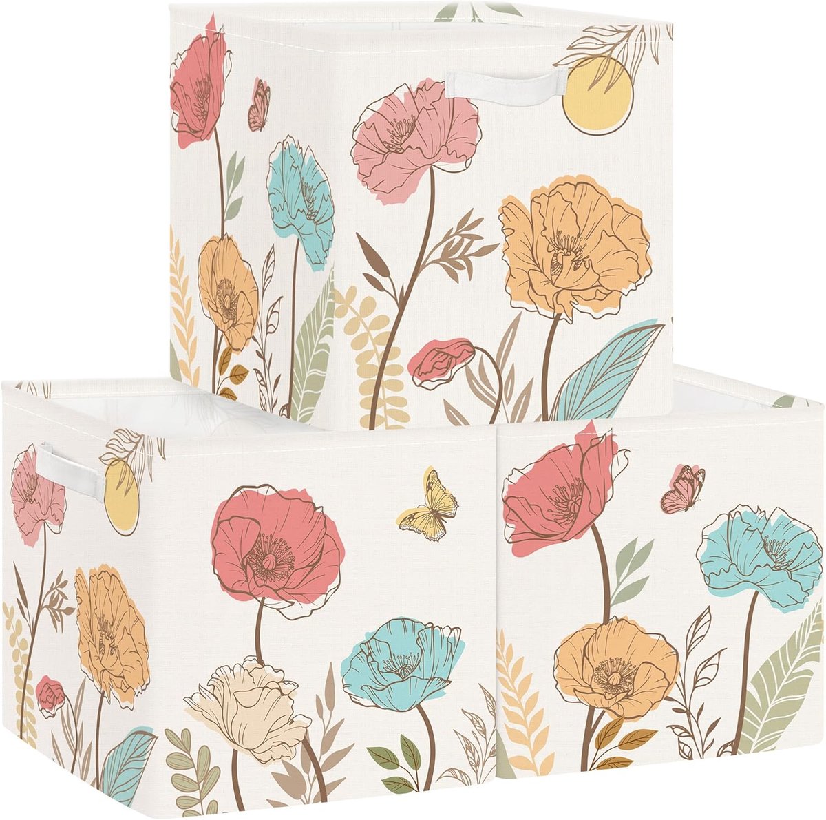 SnelShoppen - 3Pcs 30cm Opbergdozen Boho Bloemen Design - Opslagmanden met Handvatten voor Kleding, Speelgoed, Boeken - Perfecte Organizer voor Kinder