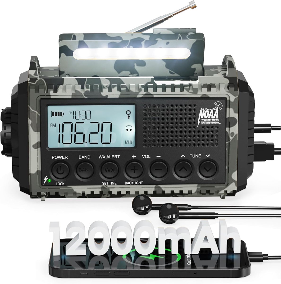 SnelShoppen - Swivel Radio, Draagbare Noodradio met Solar Crank, AM/FM/SW Ontvangst, Retro Design, Powerbank 12000 mAh, Zaklamp en Leeslamp voor Campi