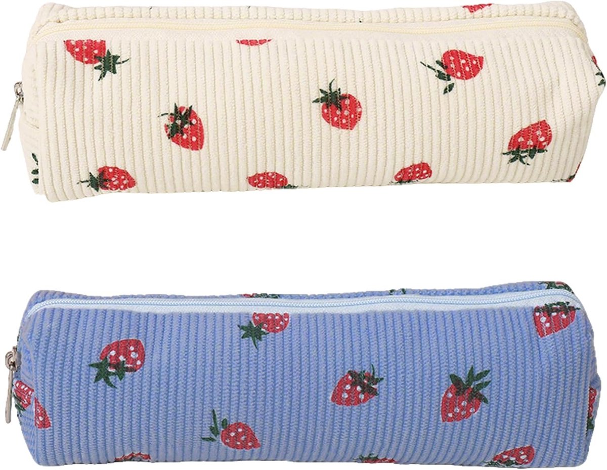 SnelShoppen - 2 Stuks Pennenetui 21x4,5x5,5 cm, Rijs/Blauw met Aardbeipatroon, Corduroy Etui met Ritssluiting, Multifunctionele Opbergtas voor School