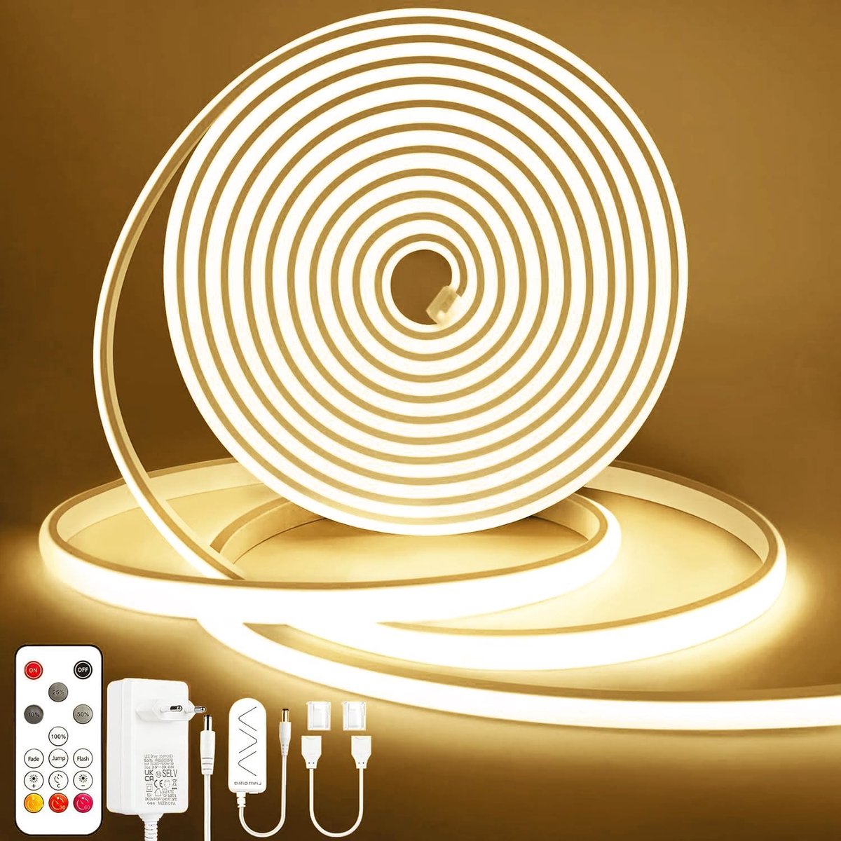 SnelShoppen - Dimbare COB Ledstrip 5m, Waterdicht, Natuurlijk Wit 4000K, Flexibele Siliconen Lichtstrip met Afstandsbediening voor Slaapkamer, Keuken,