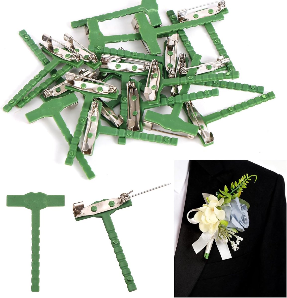 SnelShoppen - 20 Stuks Corsage Pins T-Vormige Boutonniere Clips Groen Plastic Corsage Accessoires voor Bruidegom en Feestelijke Gelegenheden