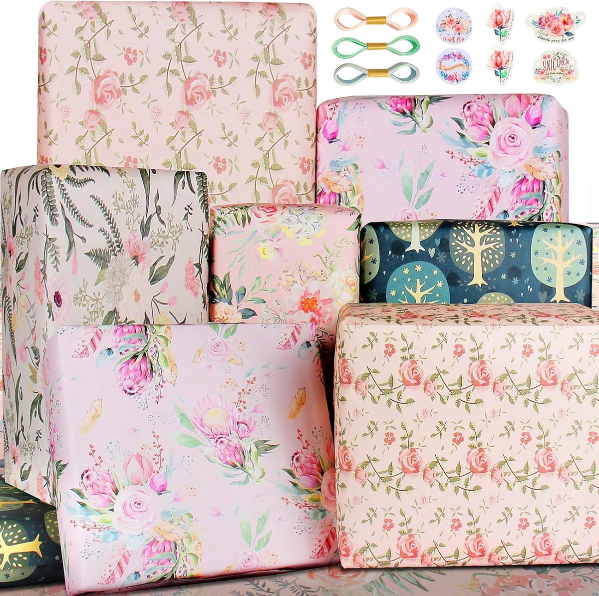 SnelShoppen - Luxe Cadeaupapier Set voor Vrouwen en Meisjes - Pastel Paars Roze Groen Bloemen Design - 5 Vellen Cadeaupapier + 6 Cadeautags + 3 Rollen