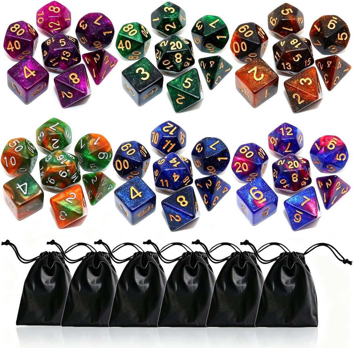SnelShoppen - 6 stuks Glitter DND Dobbelstenen Nebula voor Dungeons & Dragons - Dubbele Kleur D4 D6 D8 D10 D12 D20 - Perfect voor Rollenspellen, Bords