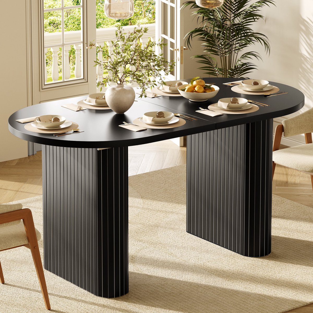 MEUNIQ uitschuifbare eettafel 120-160 x 80 x 75,5 cm ovaal met verticale tafelpoten ronde hoeken voor eetkamer zwart