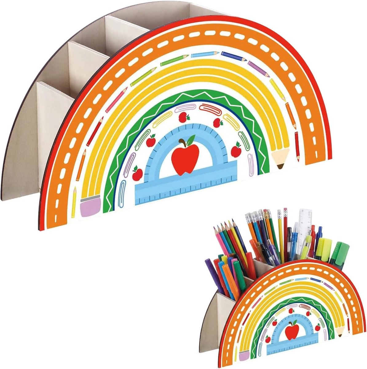 SnelShoppen - Regenboog Pennenhouder Kinderbureau-Organizer, Houten Bureauorganizer met 5 Vakken, Kantoorkantoor, Klaslokaal, Thuis, Kleurrijk en Func