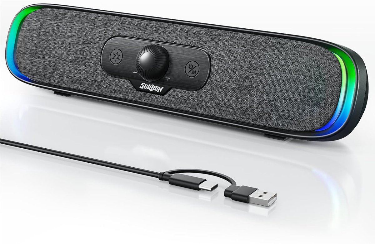 SnelShoppen - USB C Bluetooth RGB Soundbar Luidspreker voor PC, Laptop, Monitor - Compacte Computerluidspreker met 3 LED Lichteffecten voor Gaming en