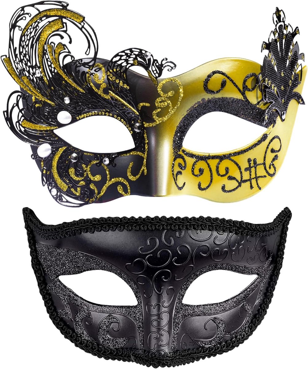 SnelShoppen - 2 stuks Venetiaans masker voor dames en heren, luxe maskerademaskers voor Halloween, carnaval en bal, duurzaam kunststof, ideaal voor ko