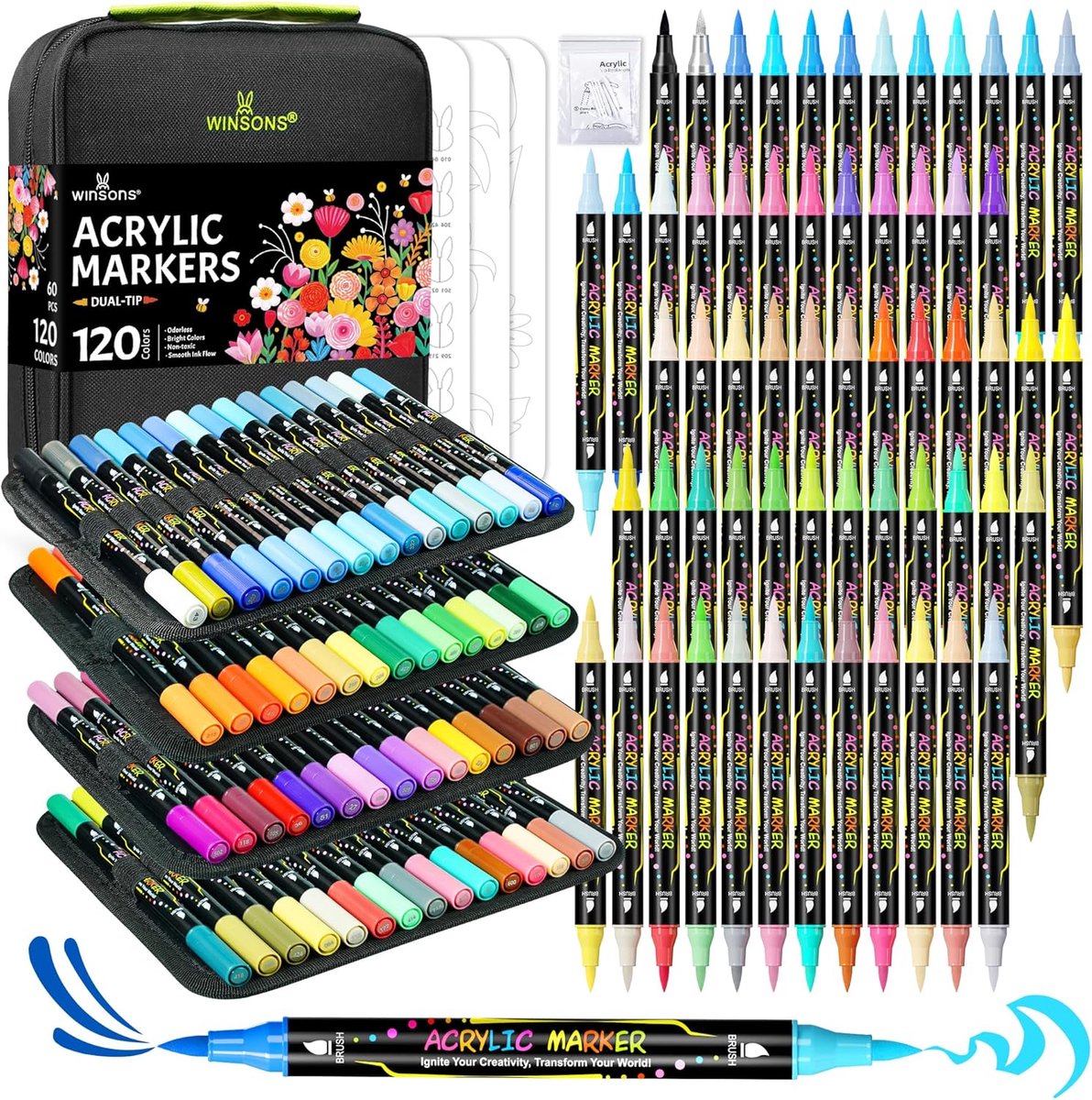 SnelShoppen - 120 Kleuren Kleurpennen Acryl Verf Markers - 60 Stuks Dubbele Borstel Tip - Geschikt voor Schilderen, Creatief Knutselen, Kinderen, Hobb