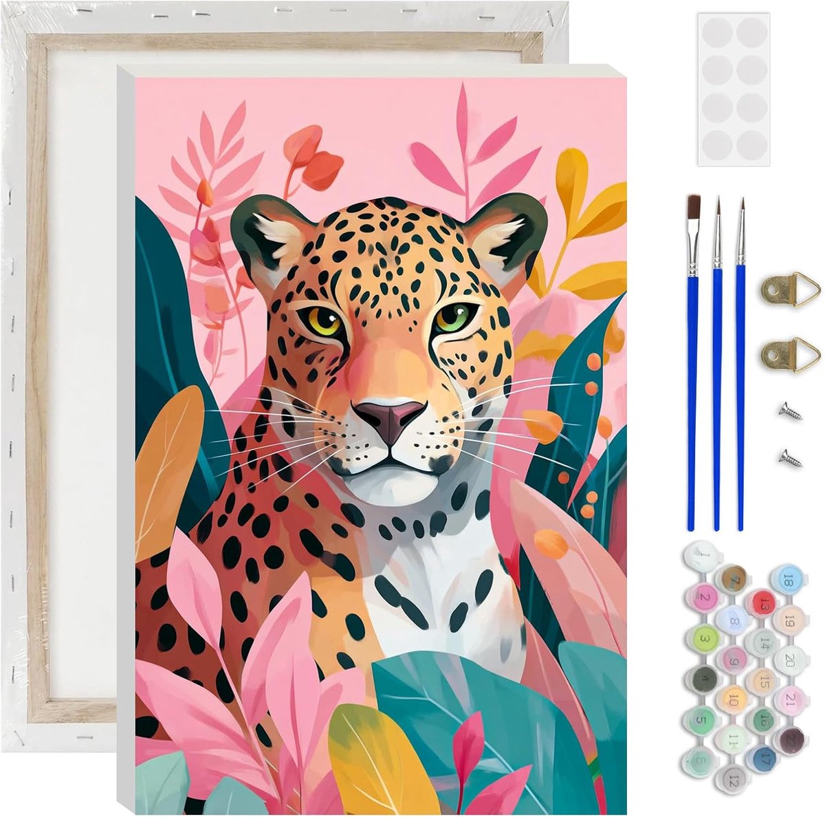 SnelShoppen - Schilderen op Nummer Luipaard voor Volwassenen, DIY Acrylschilderset met Junglebladeren, Inclusief Verf en Penselen, 20 x 30 cm Ingelijs