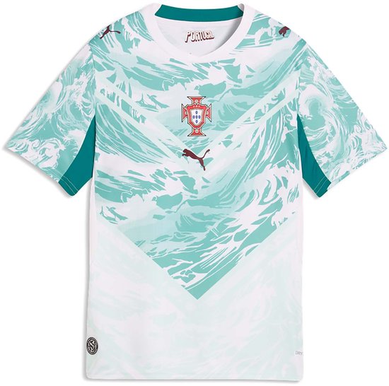 Wit T-shirt met aquamarijn abstracte print, rood wapenschild en Puma-logo.