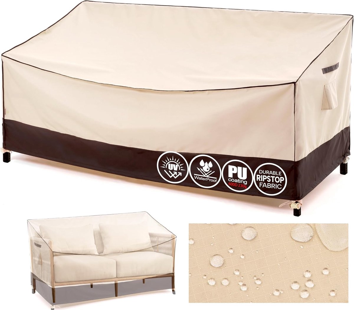 SnelShoppen - Waterdichte Tuin Sofa Hoezen voor 3-Zits Bank - Beschermende Hoezen voor Diepe Zitbank - Scheurvaste 600D Stof met PU Coating - Beige 20