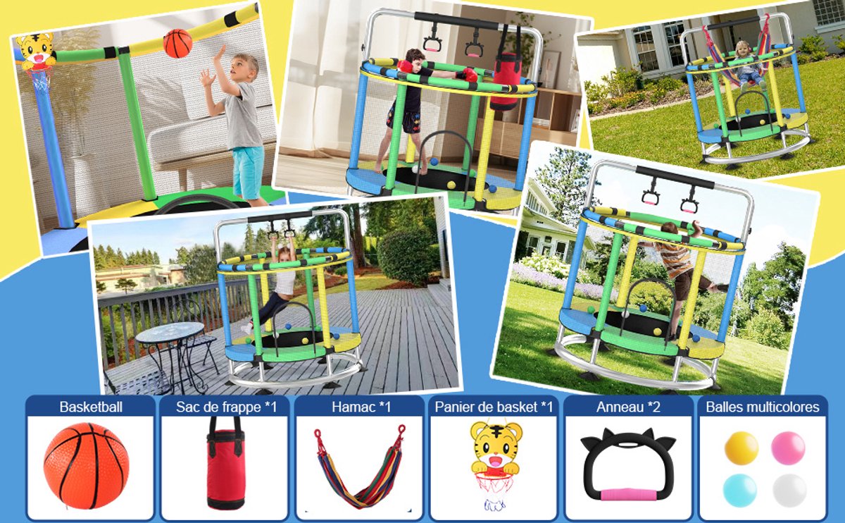 Trampoline Ø150 cm – Multifunctionele Kinder Trampoline met Basketbalring- Ringen en Hangmat – Stalen Frame – Meerkleurig — afbeelding 4