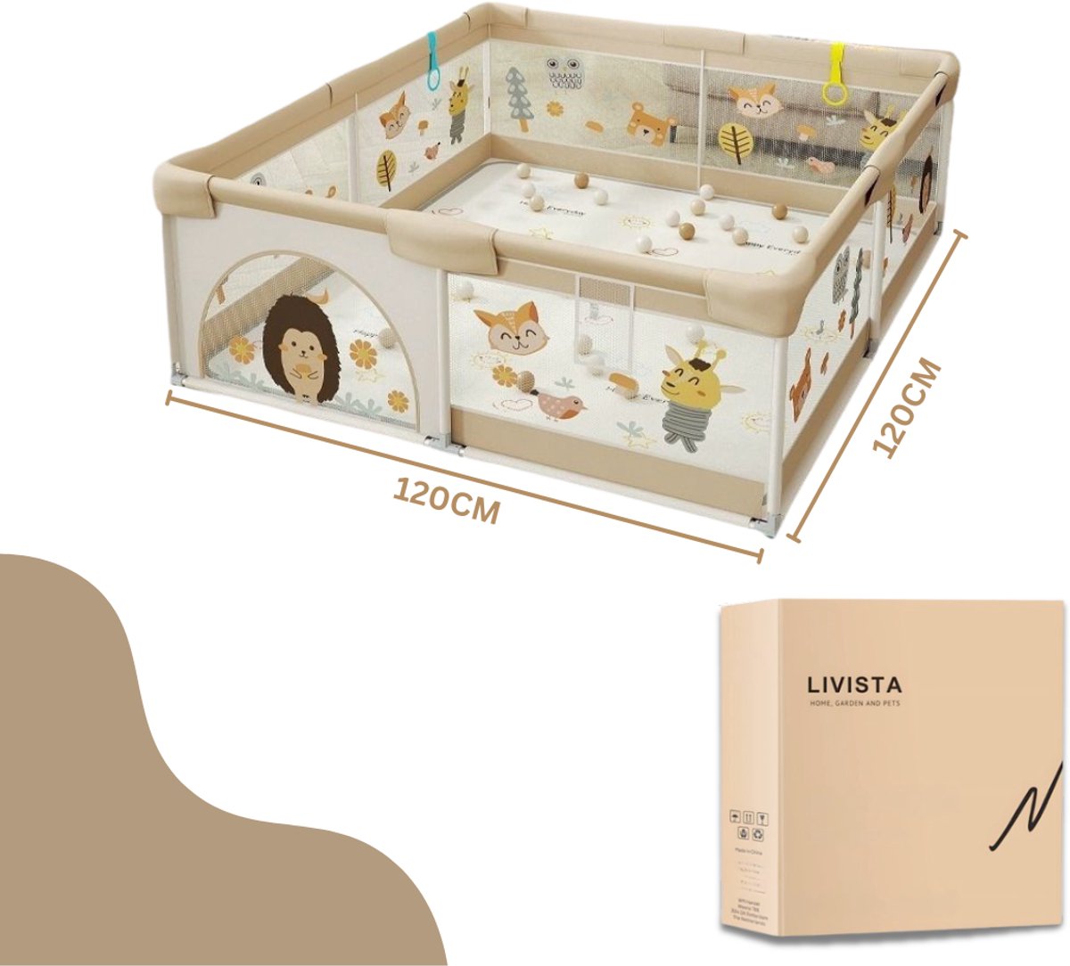 Livista Grondbox Baby - Binnenmaat 120x120cm - Inclusief Kruipmat - Met 60 Speelballen, 4 Trekringen - Kinderbox - Speelbox - Playpen - Met Draagtas - Beige – foto 4