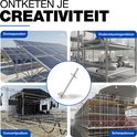 Collage met toepassingen van de voetspindel: zonnepanelen, ondersteuningsrekken, concertpodium en scheepsbouw. Gecentreerde afbeelding van de voetspindel.