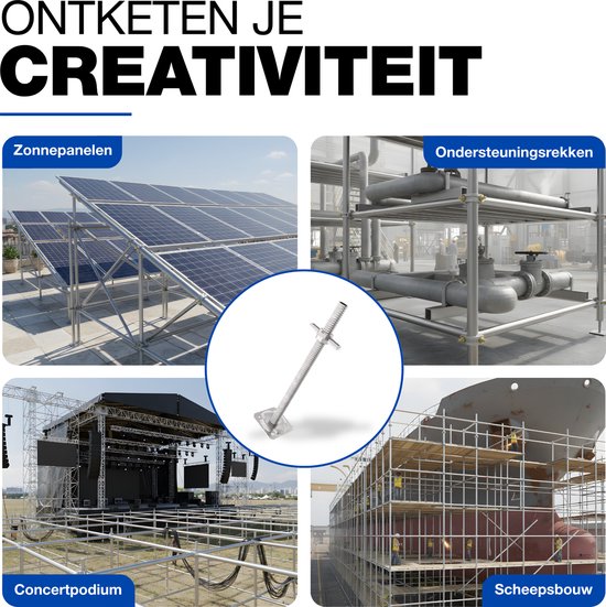 Collage met toepassingen van de voetspindel: zonnepanelen, ondersteuningsrekken, concertpodium en scheepsbouw. Gecentreerde afbeelding van de voetspindel.