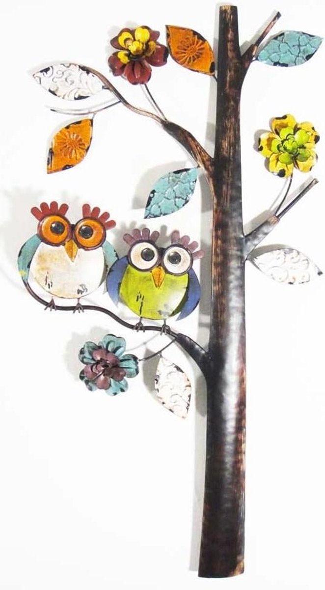 Metalen Wanddecoratie - Boom Uilen - Woonkamer Aankleden - Handgemaakt Beschilderd - 74 x 39 cm - Multicolor