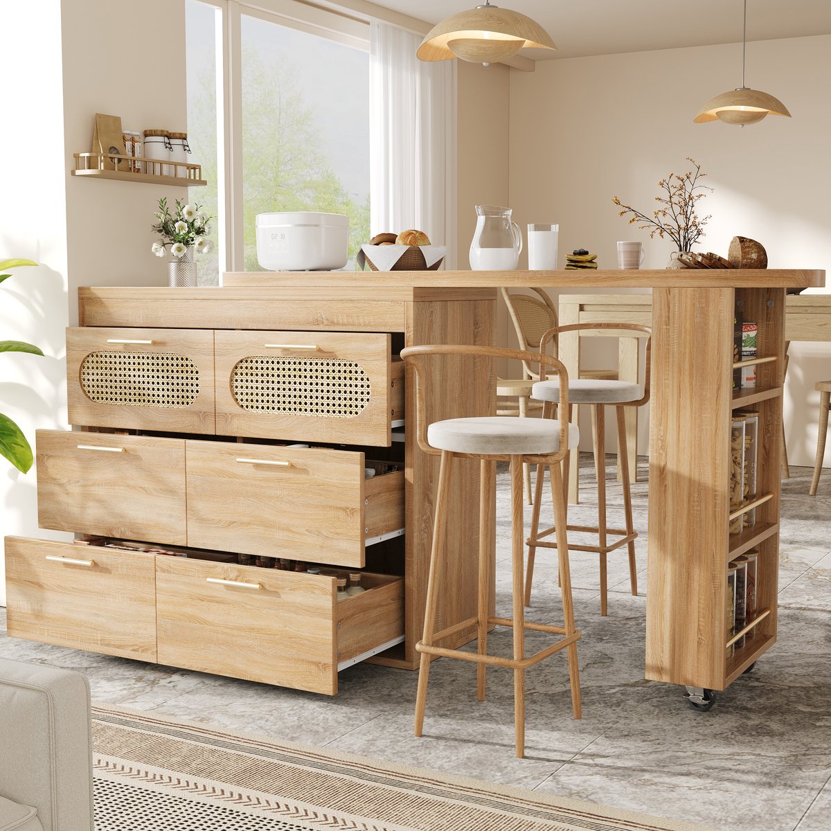Wishdor - Bartafel - 360° draaibaar en uitschuifbaar - 6 lades en opbergruimte - retro - keuken en eetkamer - houtlook en metaal - naturel - 128-203 x 39 x 90 cm