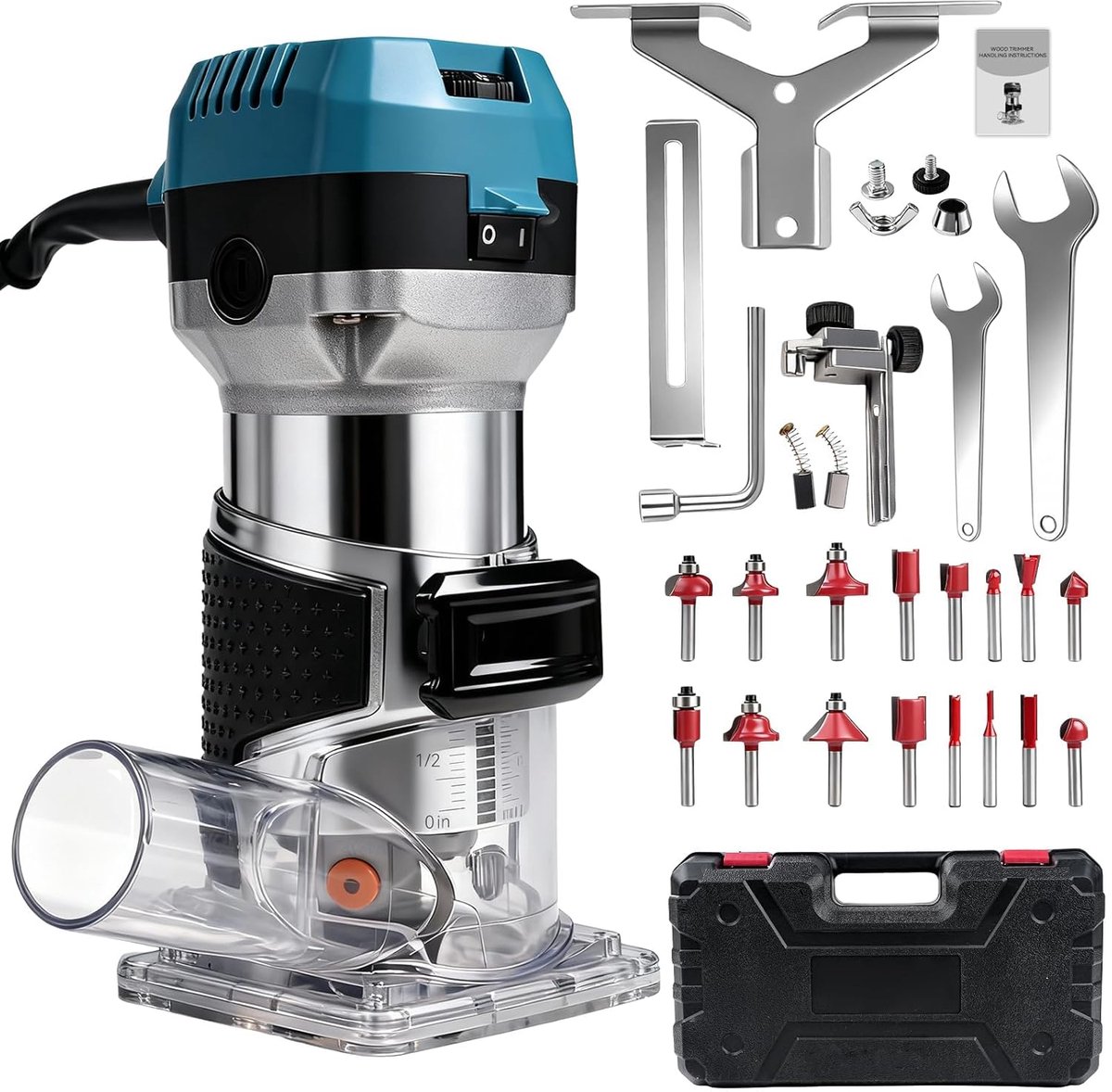 SnelShoppen - Edge Milling Cutter 1000W Router met 30.000RPM, 6 Snelheden, Stofafzuigkap, 15 Snijbladen voor Houtbewerking, Chamfering, Groeven, Trimm