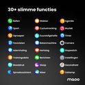 Iconen met tekst voor 30+ slimme functies van de smartwatch, zoals 'Bellen', 'Sport', 'Zaklamp' en 'Agenda'.
