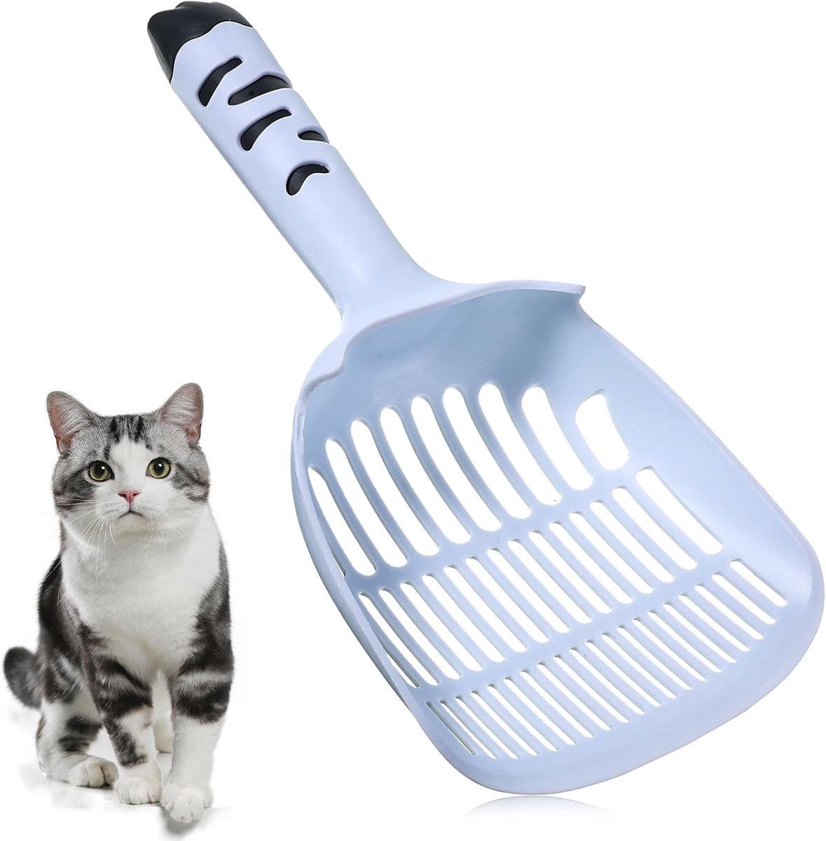 1 Blauwe Kattenbakschep – 13,5 × 28 cm – Kunststof – 6,5° schuine punt – Diep schepoppervlak – Fijnmazig – Geschikt voor kattenbakken en hondenpoep