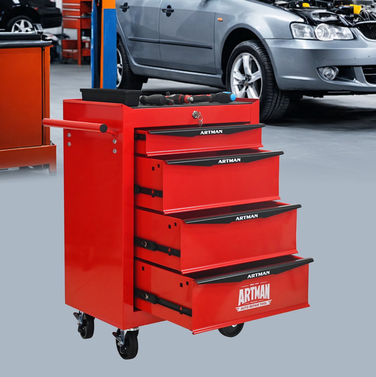 DESMIU Gereedschapskar – 4 Lades Met Kogellagergeleiders – 60 x 33 x 77,5 cm – Koudgewalst Staal – Rood Zwart – Met Wielen En Slot