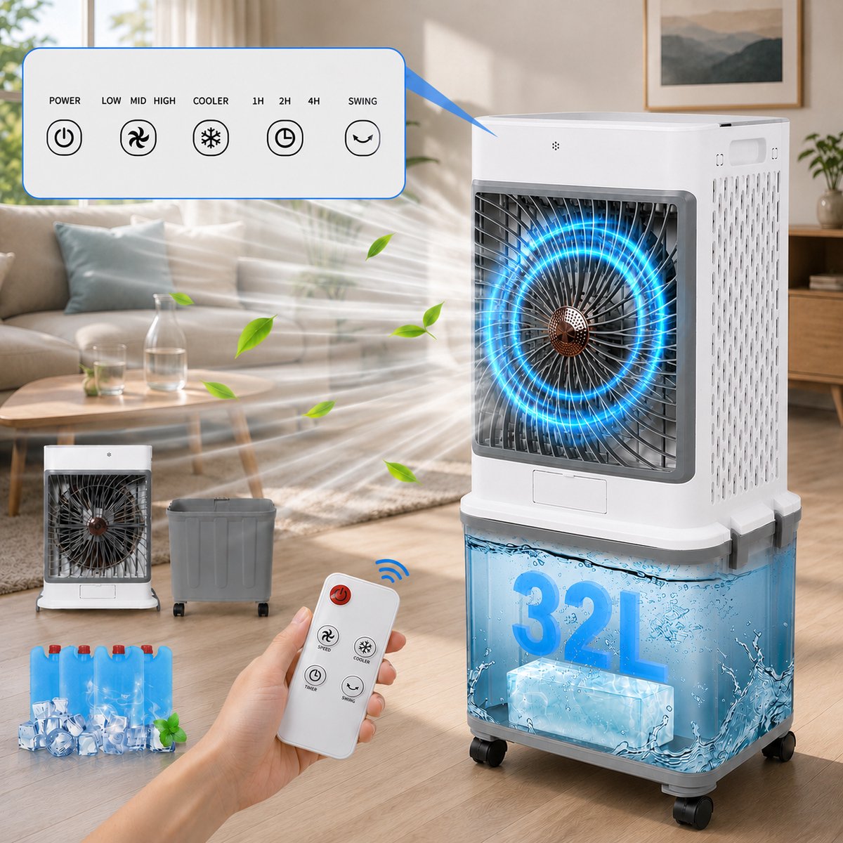 MUPOO Aircooler 32L Mobiel - Luchtkoeler / Airco zonder Afvoerslang - 4-in-1 Ventileren met 120° Oscillatie & Afstandsbediening-Airconditioning-Stil (50dB)-voor Woonkamer, Slaapkamer, Kantoor en Garage