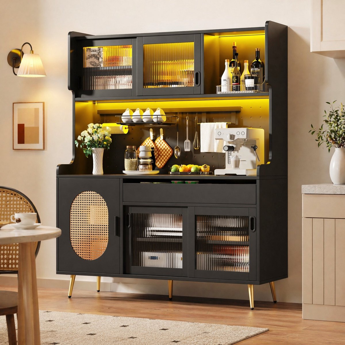 Wishdor - Buffetkast - 5 deuren en lade met LED-verlichting - landhuisstijl - voor keuken en eetkamer - houtlook met metaal - zwart - 145x39x171 cm