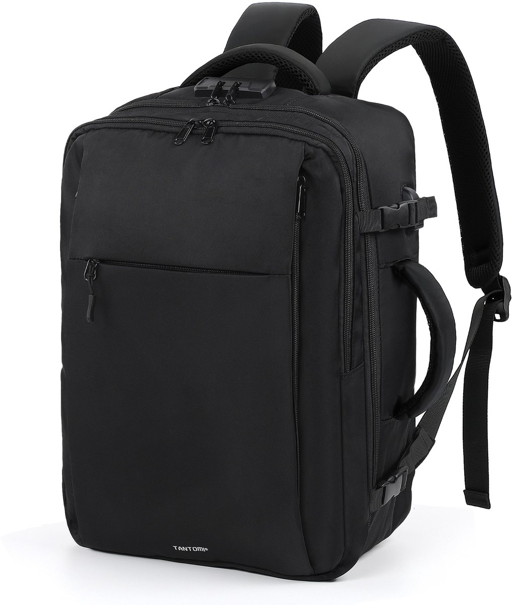 TANTOMI - Handbagage Rugzak - 31L - 47x33x20 cm - Spatwaterdicht - Underseater - 14 inch Laptopvak - met USB-poort en geïntegreerd antidiefstal cijferslot - Reistas voor Dames & Heren - Weekendtas - Zwart