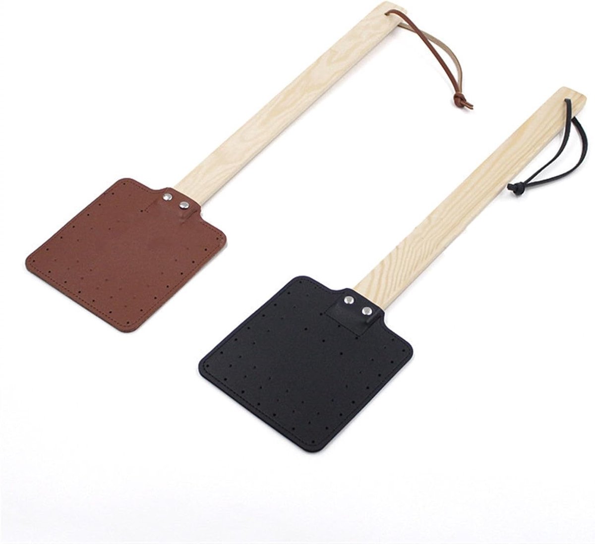 Vliegenmepper set van 2 - handmatige vliegenmepper met lange houten steel en leren slagvlak - voor binnen en buiten - zwart en bruin