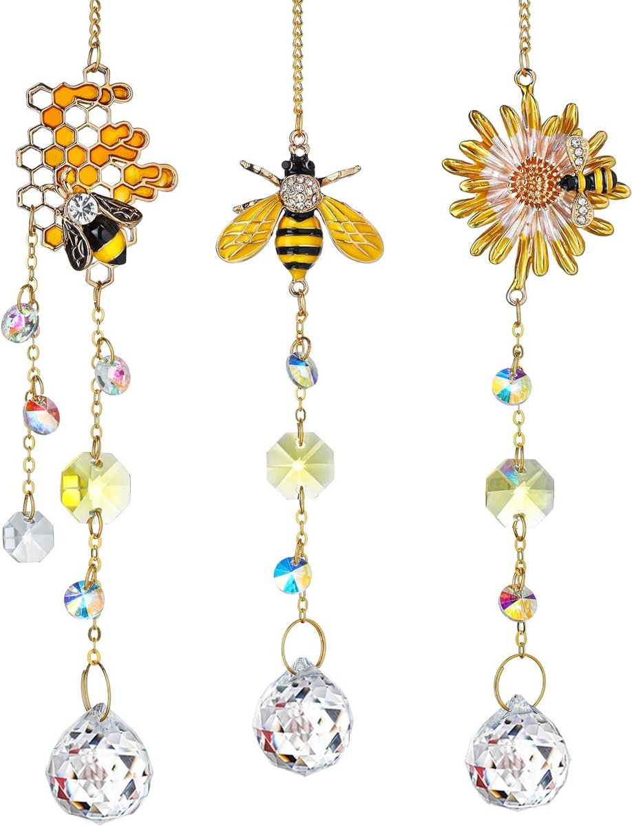Kristal Zon Vanger - Bij Ornament - Decoratie Ophangen - Honingraat Ontwerp - 38 cm Lengte - Gekleurd