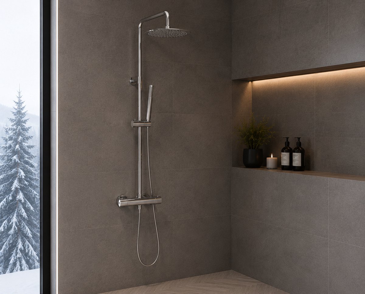 ILYA Thermostatische Regendoucheset Rond Chroom – Opbouw Douchekolom met Regendouche – Cool Touch – Complete Doucheset met Handdouche