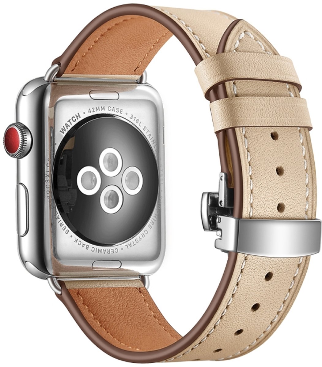 Echt leer + vlinder zilveren gesp vervangende horlogebanden voor Apple Watch Series 6 & SE & 5 & 4 44 mm / 3 & 2 & 1 42 mm (abrikoos)