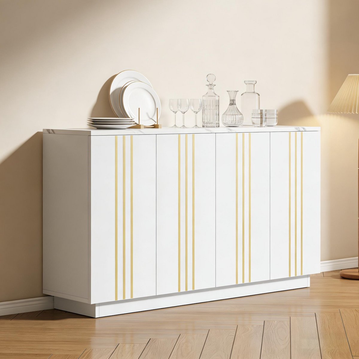 Wishdor - Dressoir - 4 deuren - verstelbare planken en ruime opbergruimte - modern design - woonkamer of slaapkamer - bewerkt hout - wit goud - 140 cm