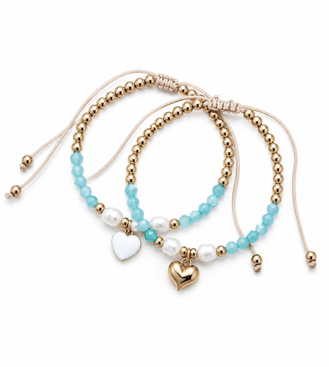 Set Touwarmbandjes Meisje- Parelarmband- Armbandenset met hartje- Blauw Goud- Wit- Armbanden meisje- LiLaLove- Kind