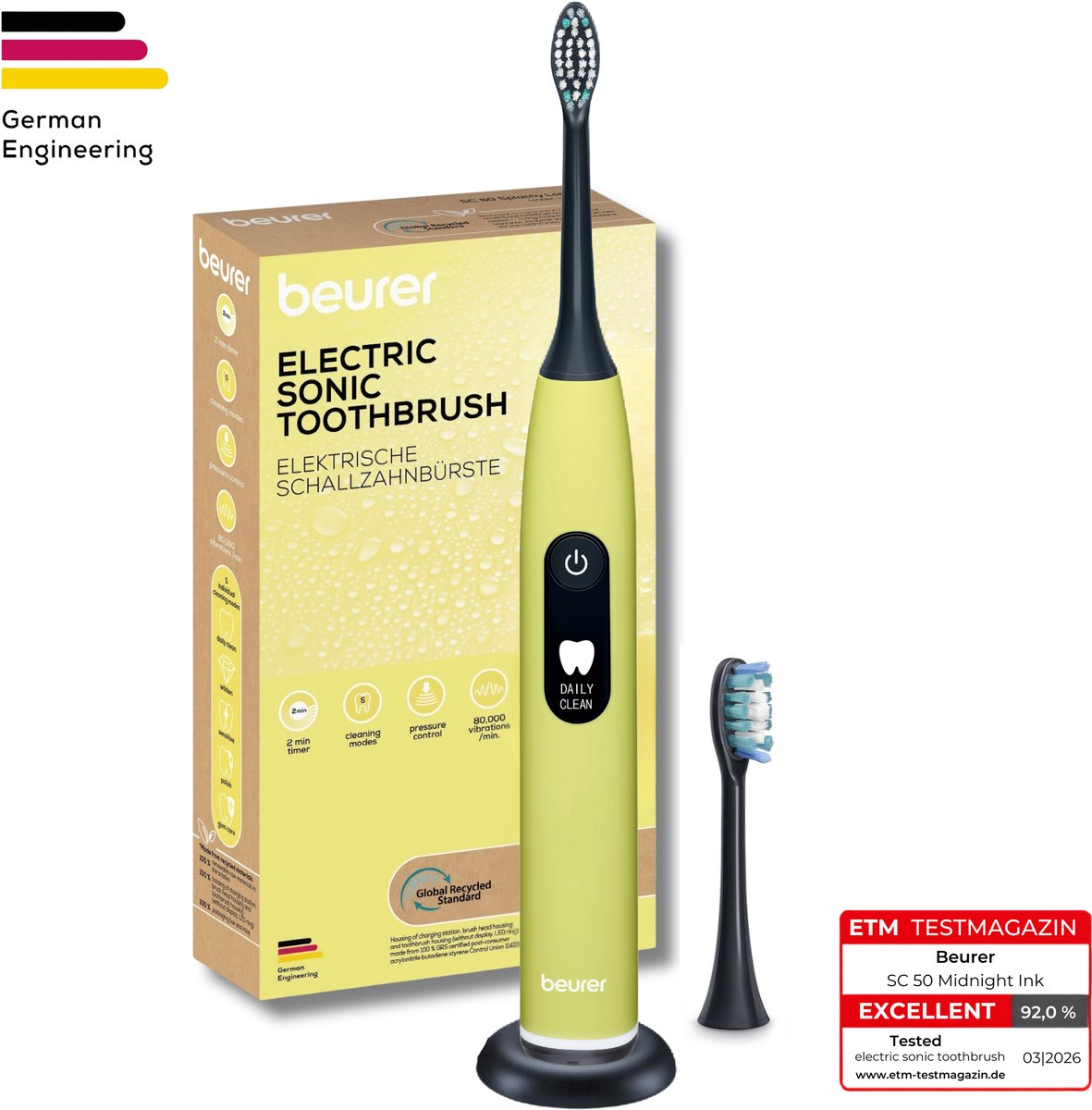 Beurer Elektrische Tandenborstel - Sonische Technologie - 5 Poetsstanden - Incl. 2 Opzetborstel - Gezondheid begint thuis - SC 50 - Splashy Lemon