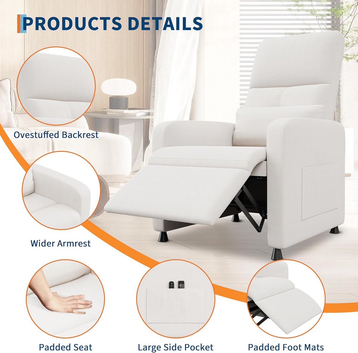 Elektrische Relaxstoel met Massage en Verwarming - Verstelbare TV-stoel (105-165°) - Linnen Look - Max. 180 kg - Inclusief Afstandsbediening & Geheugenfunctie - wit – foto 6