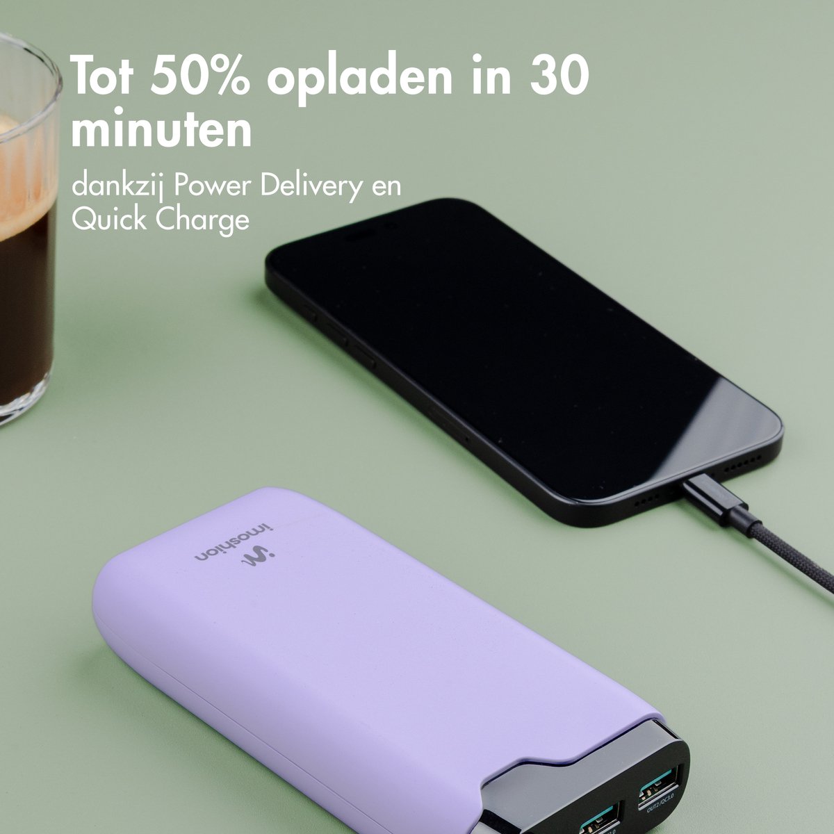 imoshion® Powerbank 20000 mAh - 22.5W Snellader - USB C / USB A - LED Display - Powerbanks - Universeel - Noodpakket - Lila — cadeau in Telefoon & Tablet - foto 4