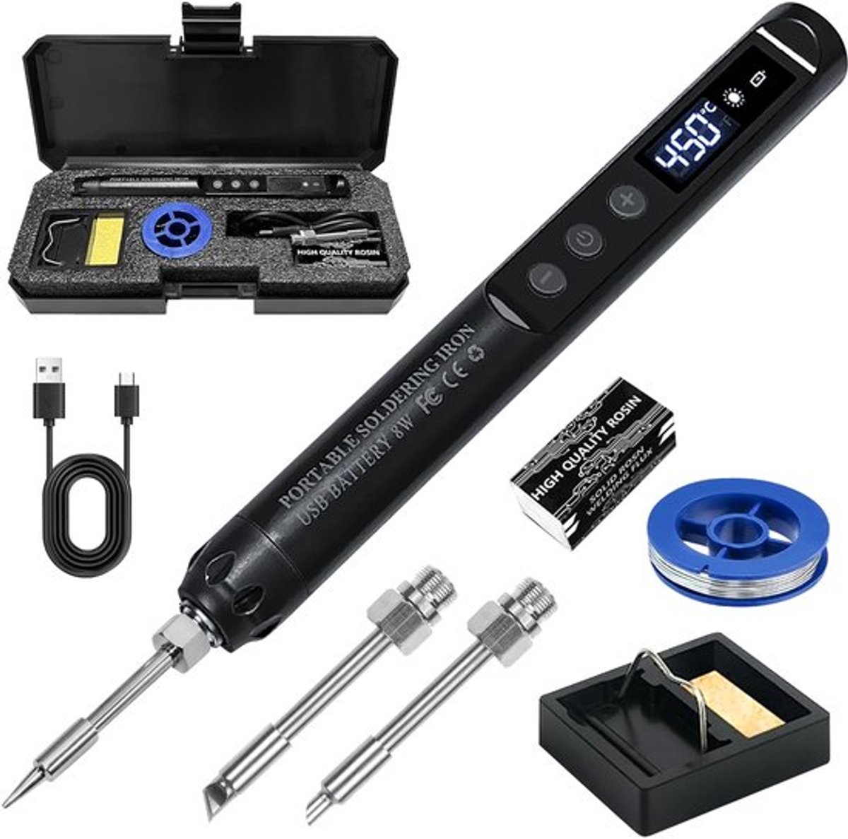 Soldeerboutset, Batterijsoldeerboutset, 3 soldeerpunten, Soldeerboutstandaard, Soldeerset 200°C - 450°C, met aan/uit-schakelaar, LCD-scherm, Temperatuur soldeerbout