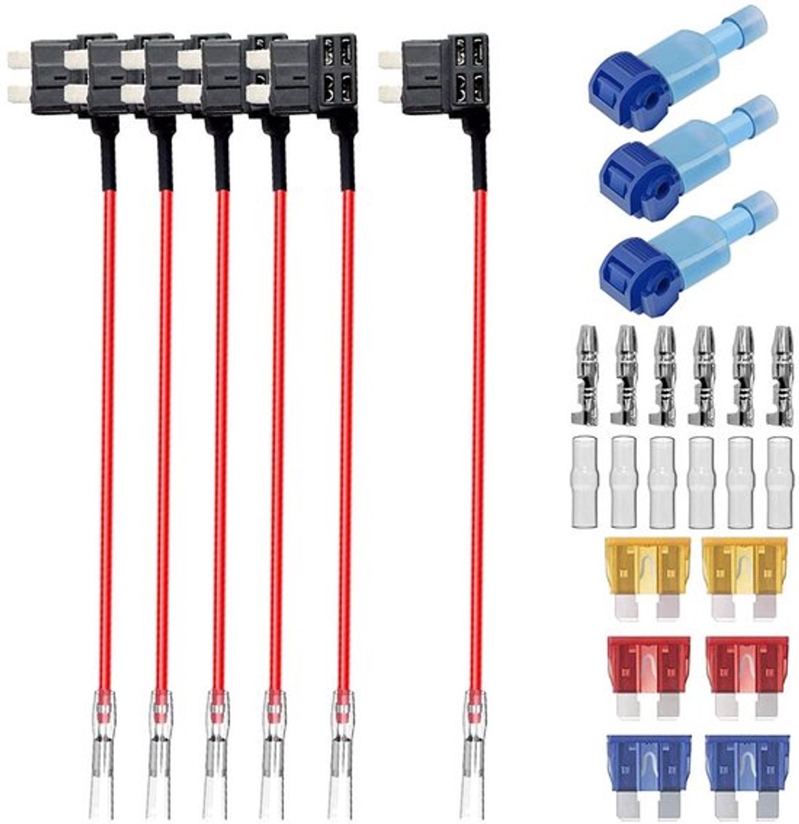 6 stuks 12V-24V ACU standaard add-a-circuit zekeringadapter met kabelboom, middelgrote zekeringhouder met 6 vervangende zekeringen (5A/10A/15A)