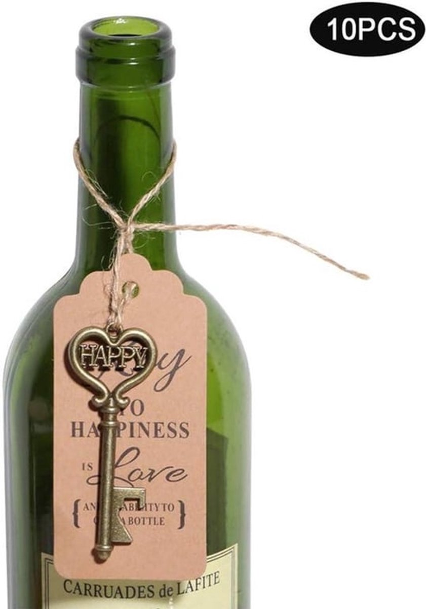 Flessenopeners - Set van 10 Vintage Hart Openers met Tag Card Sleutelhangers voor Gastcadeaus Verjaardagen Bruiloften Feestjes of Decoratie