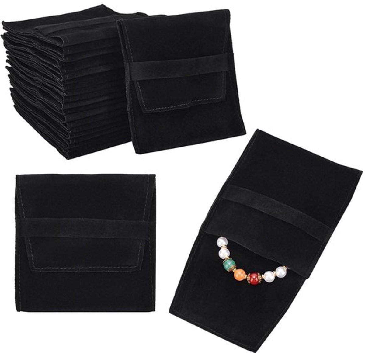 24 stuks zwarte microfiber sieraden pouch, cosmetische tas, fluwelen sieraden flip tassen, opvouwbare envelop tas voor oorbellen, armbanden, kettingen verpakking, 9,7 x 9 cm