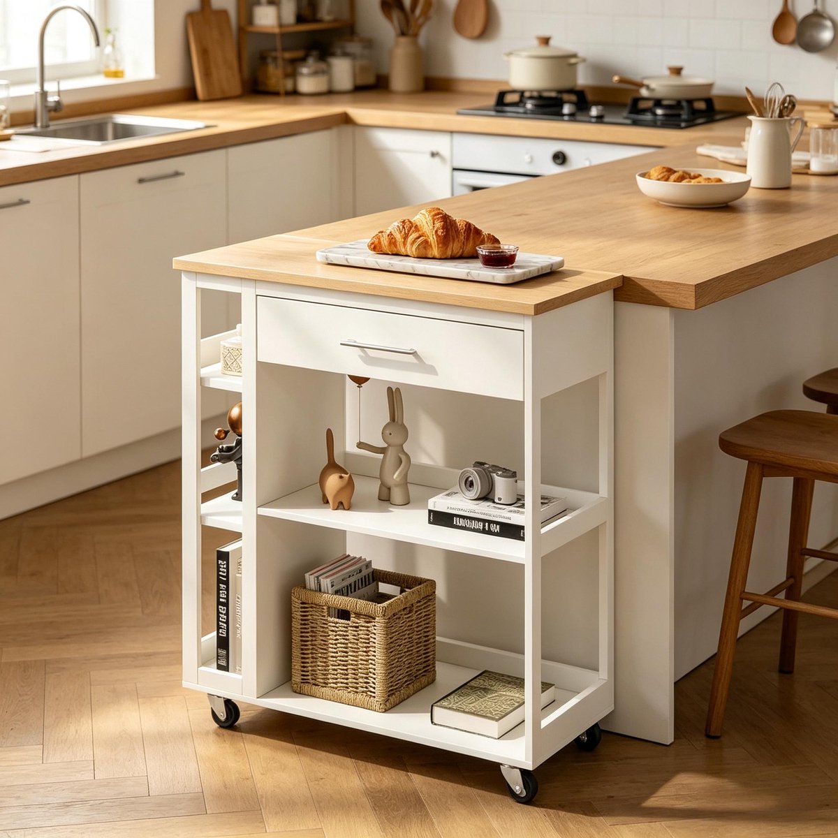Keukentrolley Met Wielen – 73 x 38 x 88 cm – MDF – Wit En Houtnerf – Met Lade En Open Opbergplanken Voor Keuken En Woonkamer