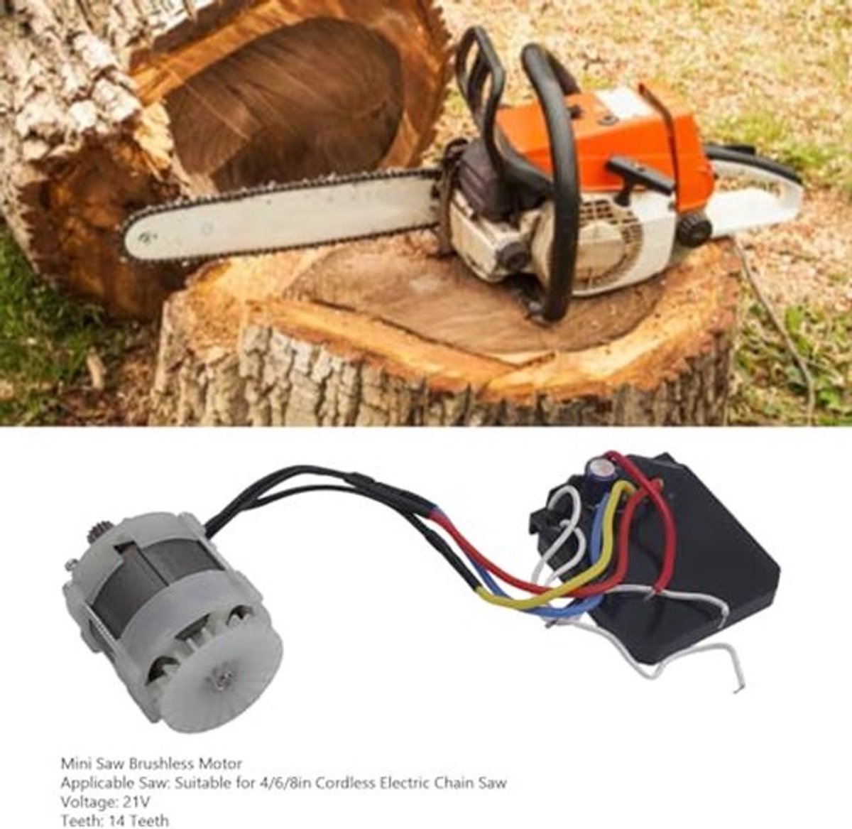 Mini elektrische zaagmotor, 21V 14 tanden draagbare zaag, borstelloze motor, accessoires voor draagbare kettingzagen, compatibel met 4,6,8 inch snoerloze kettingzaag