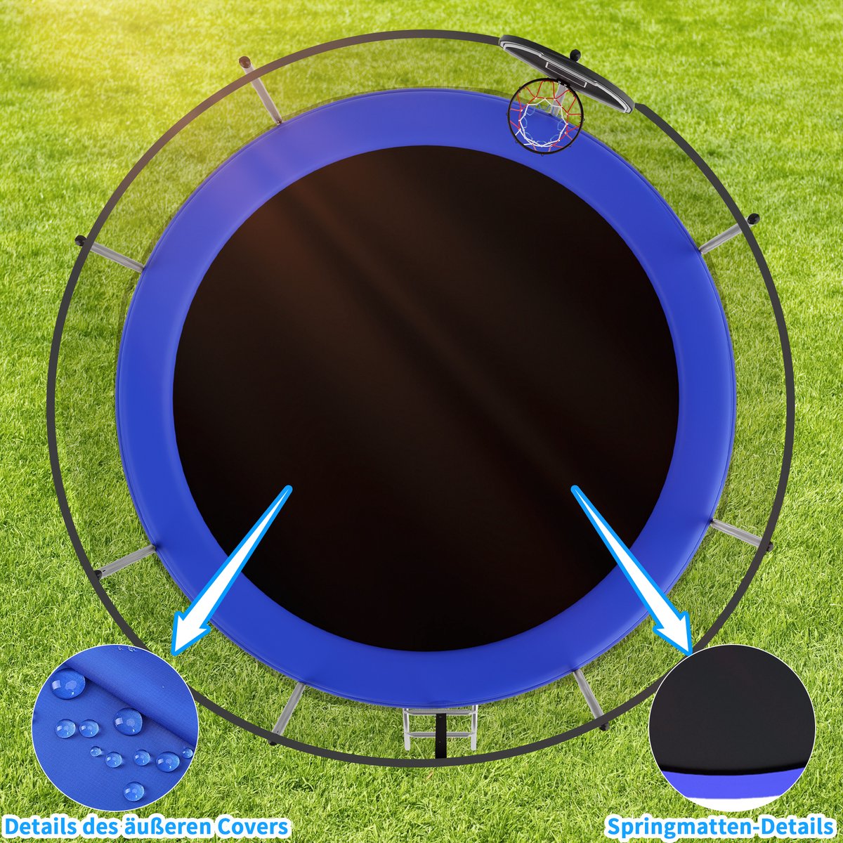 Trampoline Veiligheidsnet – 366 Cm – Staal – Blauw – Ronde Buitentrampoline Voor Tuin Met 72 Versterkte Veren En Basketbalring