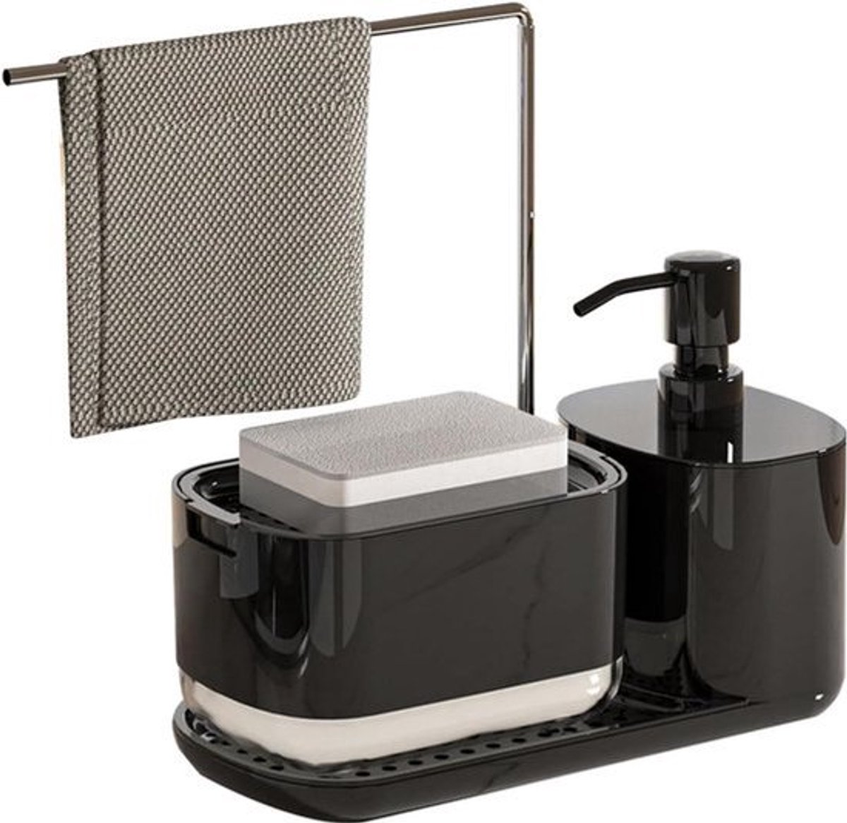 Gootsteenorganizer met lade en zeepdispenser voor keuken - sponshouder aanrecht Caddy opbergorganizer zwart.