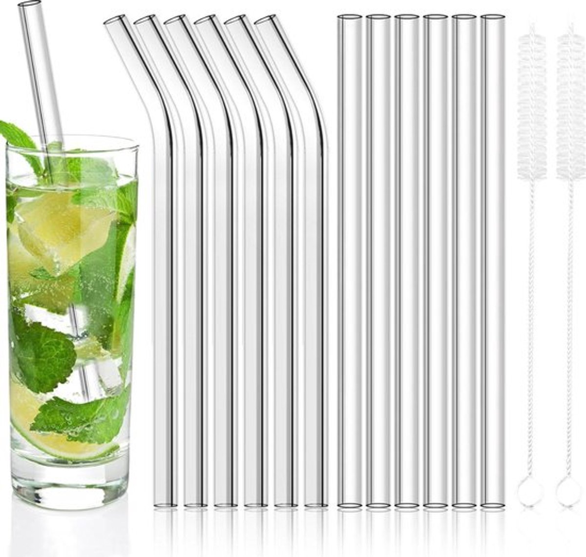 Herbruikbare glazen rietjes set 12 stuks - rechte en gebogen rietjes van glas met reinigingsborstels - vaatwasmachinebestendig - 21.5 cm - voor cocktail gin glazen Glazen rietjes